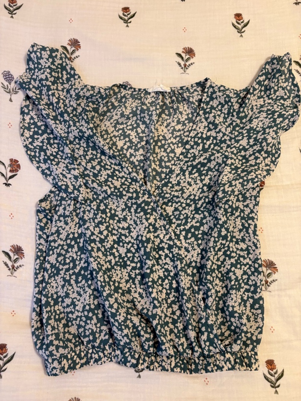 Sienna Sky Teal Floral Wrap Blouse with Ruffle Sleeves